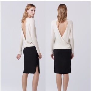 Diane Von Furstenberg Luxurious Cream Deep V Back Merino Wool Silk Blend Sweater